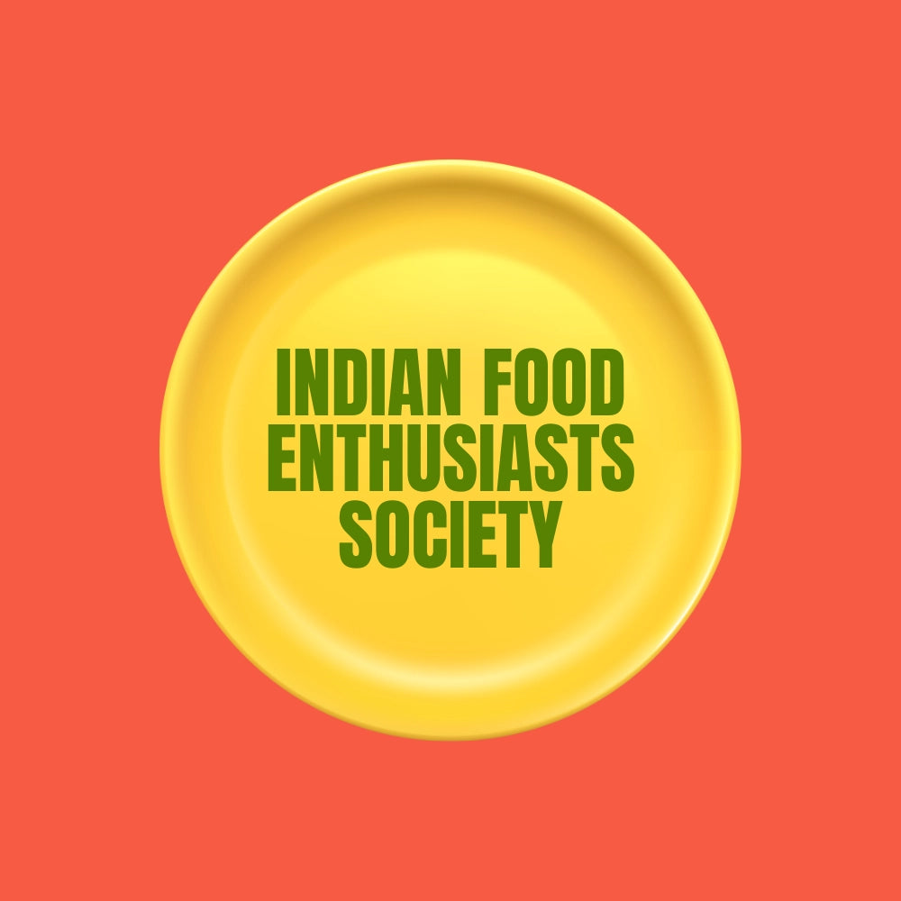 Yellow plate on orange background, written Indian Food Society
