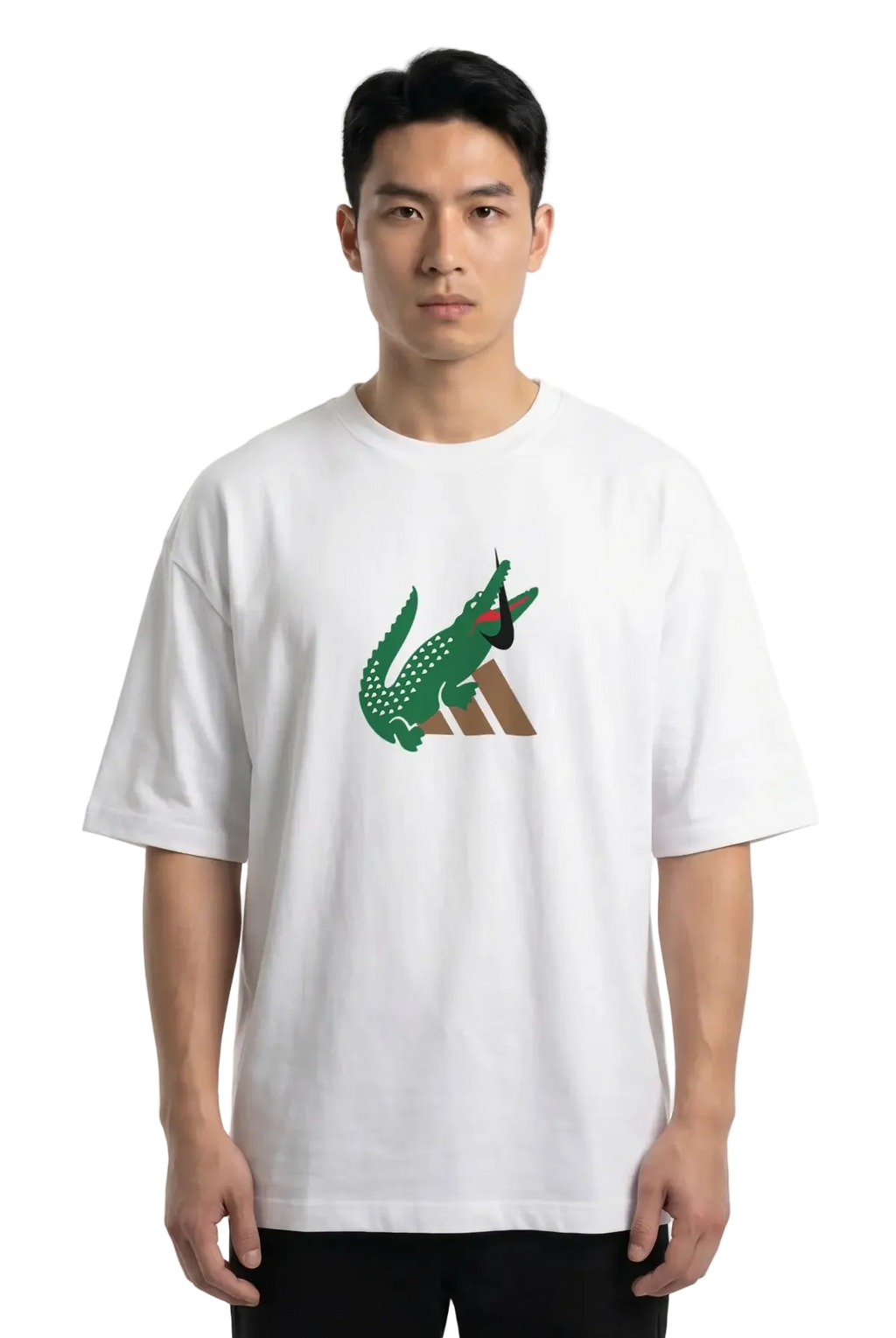A man wearing a white short-sleeve t-shirt with a green and brown crocodile graphic on the chest, set against a plain white background.