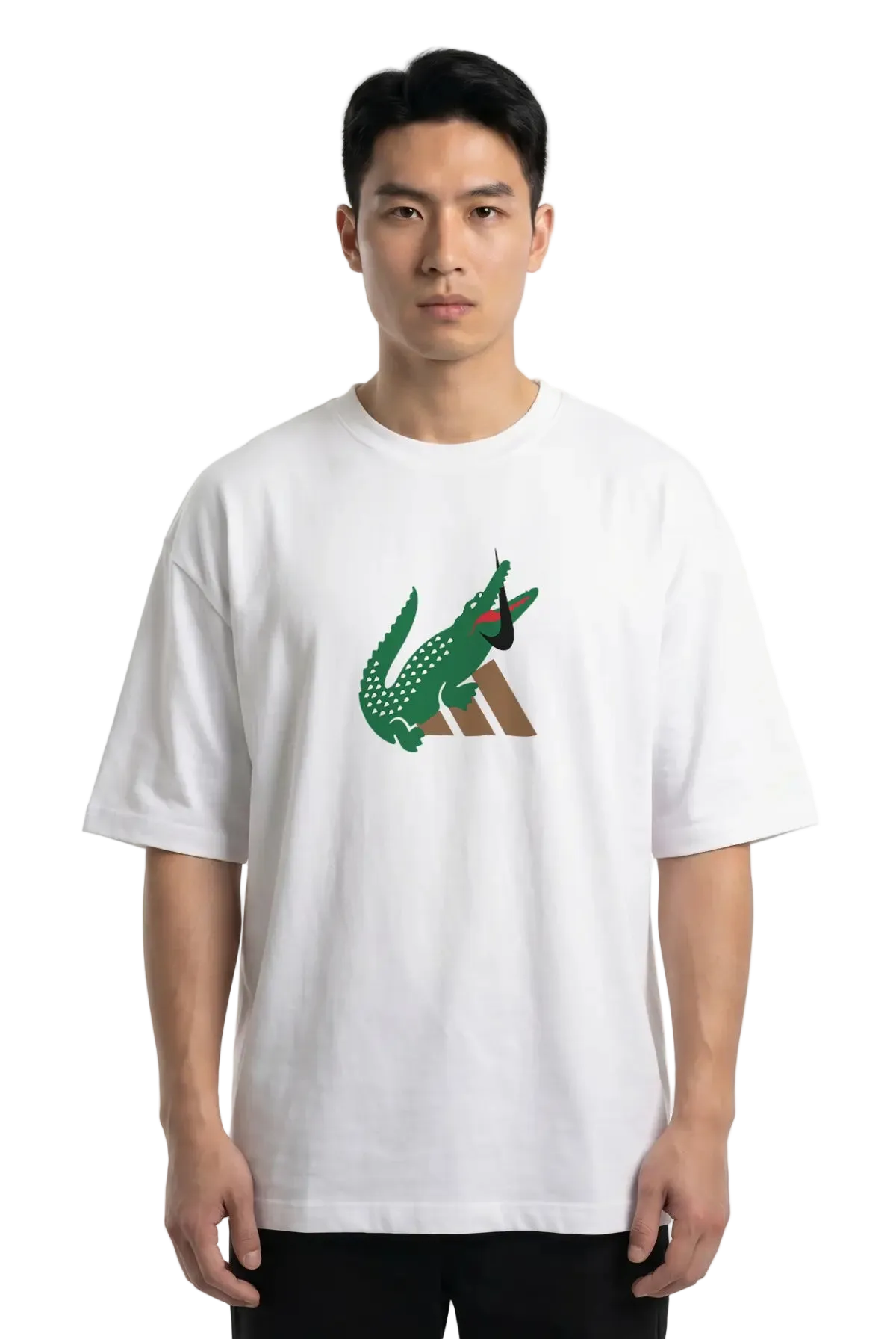 A man wearing a white short-sleeve t-shirt with a green and brown crocodile graphic on the chest, set against a plain white background.