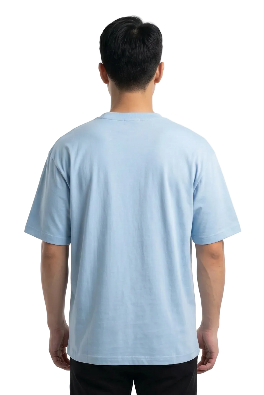 A man viewed from behind wearing a light blue short-sleeve crewneck t-shirt and black pants, standing against a plain white studio background.