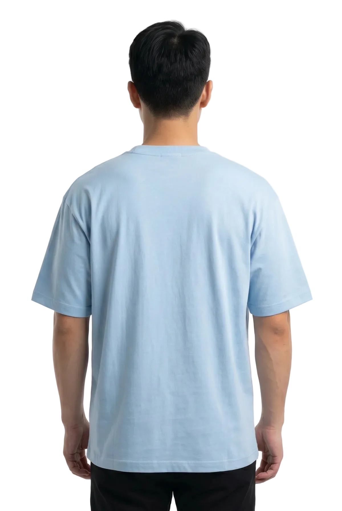 A man viewed from behind wearing a light blue short-sleeve crewneck t-shirt and black pants, standing against a plain white studio background.