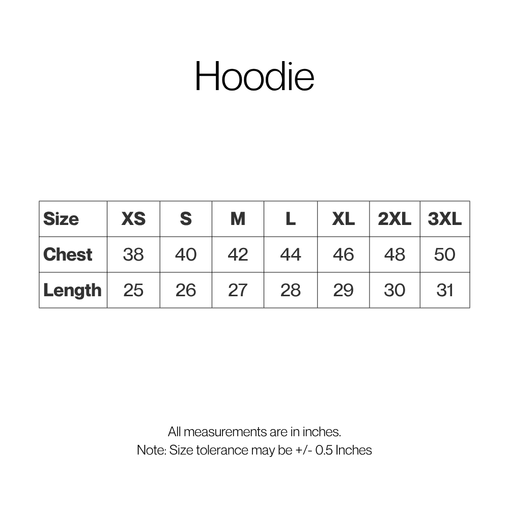 A size chart for a hoodie listing, showing measurements in inches for chest and length by size category (XS through 3XL) on a white background with the title 'Hoodie' at the top.