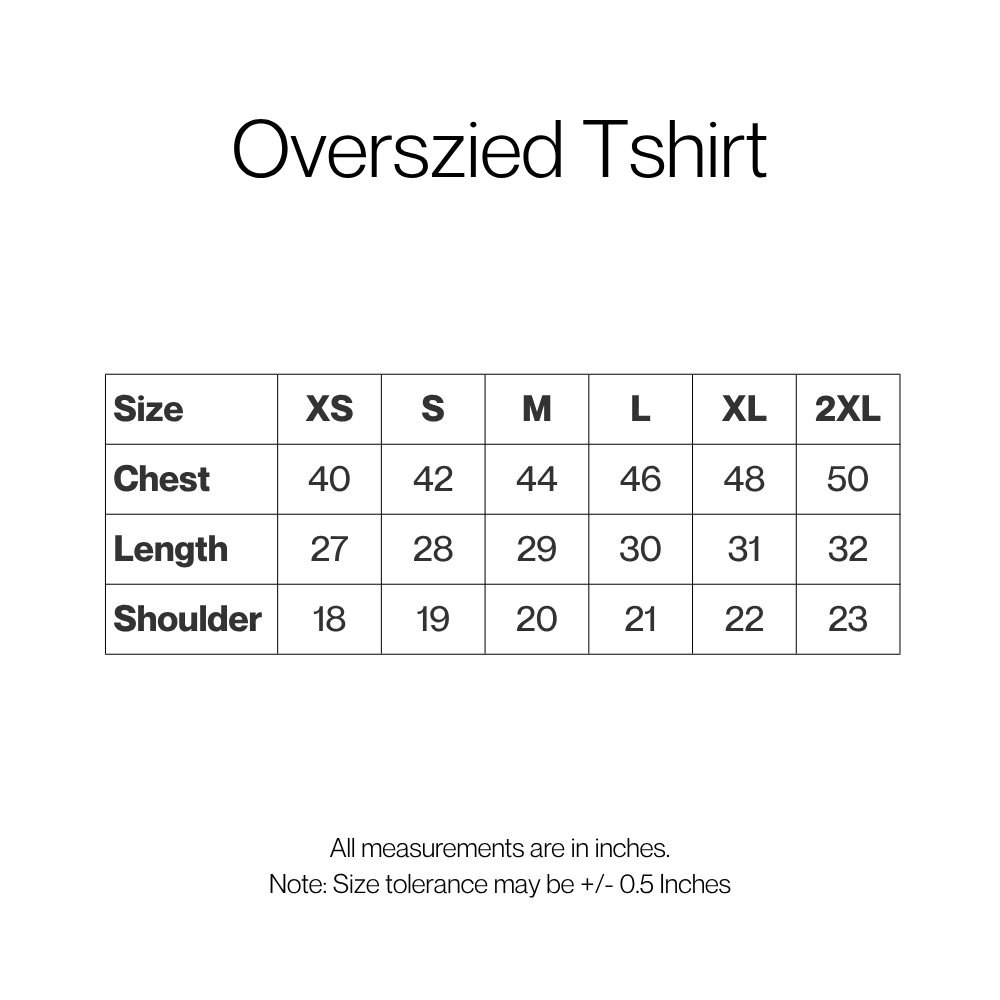 Size chart for oversized t-shirts showing measurements in inches.