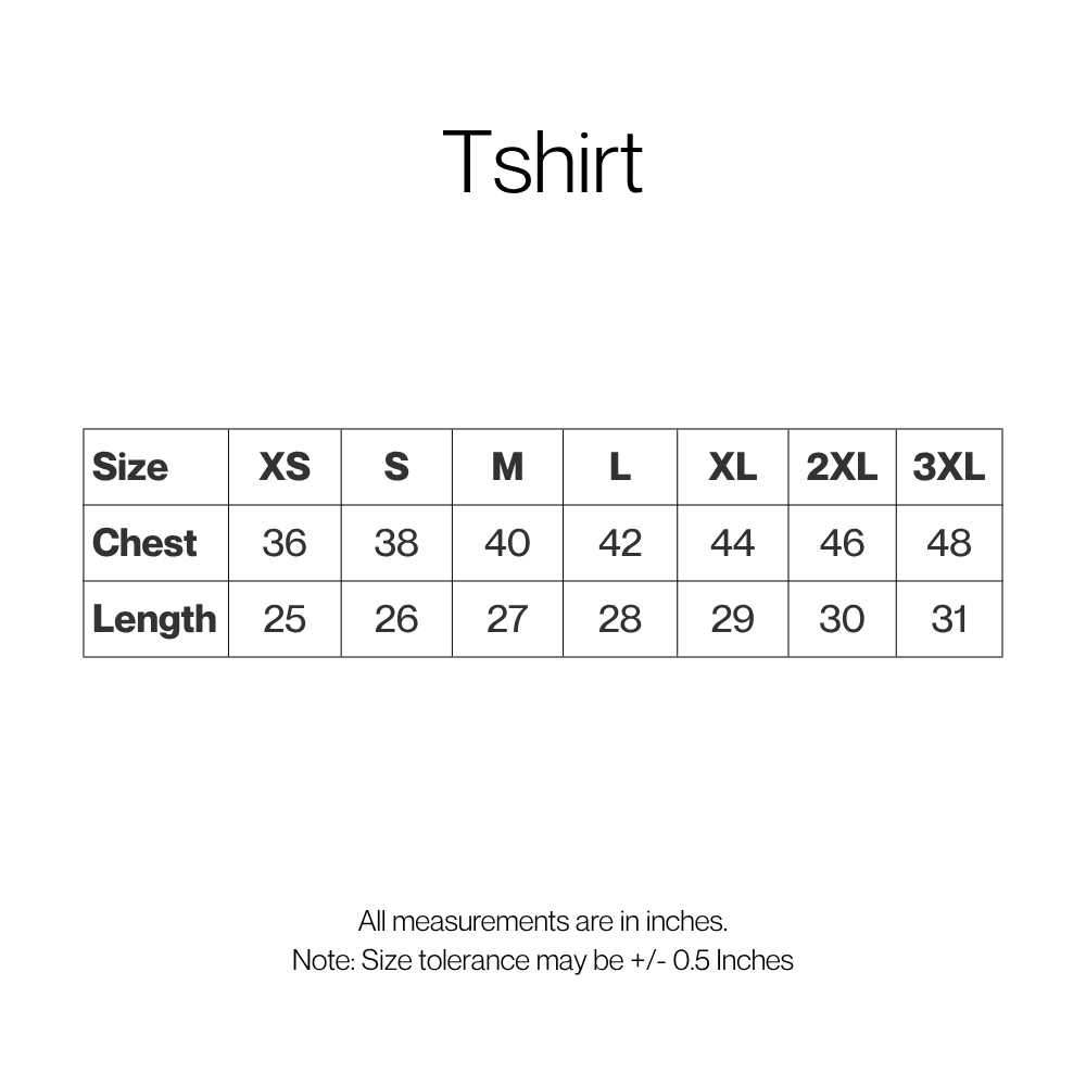 A size chart table for a t-shirt showing chest and length measurements for sizes XS through 3XL, with a note below stating all measurements are in inches and size tolerance may be +/- 0.5 inches.