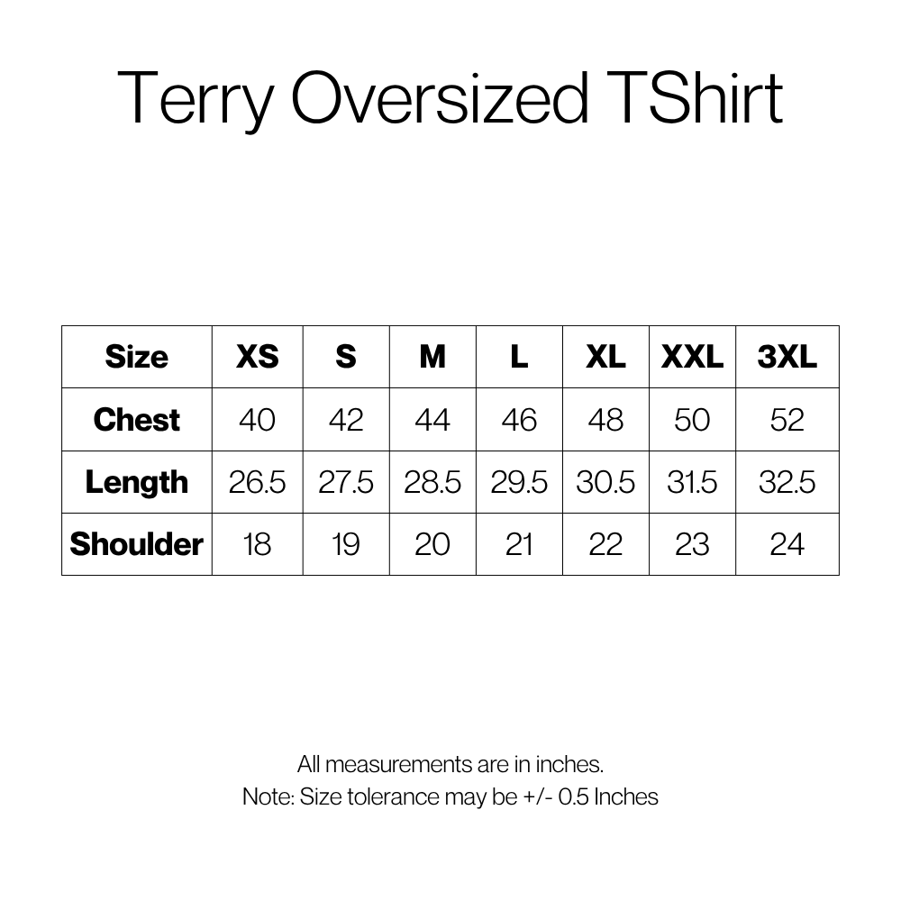 A size chart for a Terry Oversized T-Shirt showing measurements in inches for sizes XS through 3XL, including chest, length, and shoulder, on a white background.