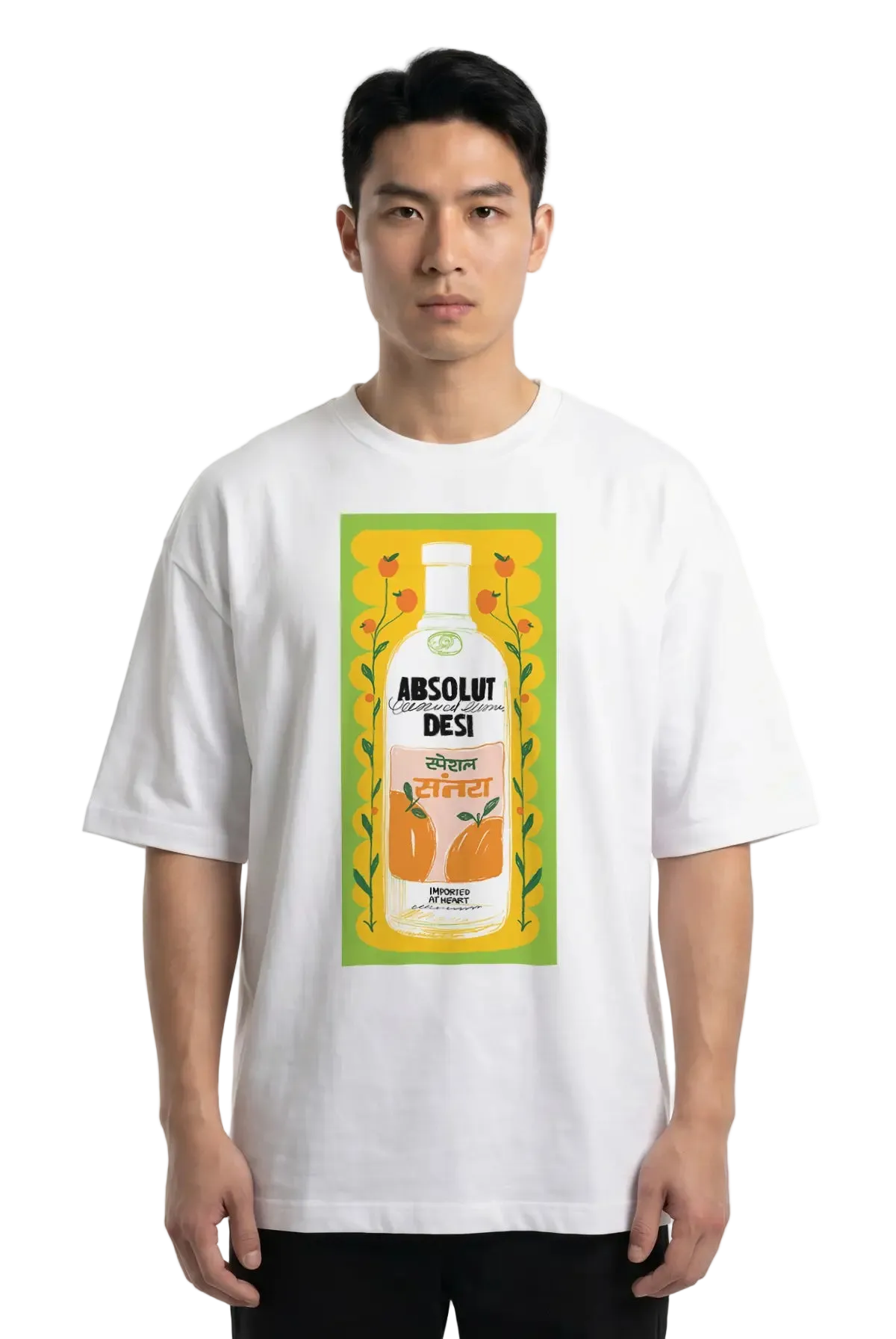 A man wearing a white t-shirt with a large graphic print of an Absolut Desi liquor bottle on the front, set against a plain white background.