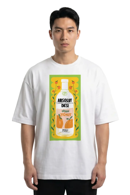 A man wearing a white t-shirt with a large graphic print of an Absolut Desi liquor bottle on the front, set against a plain white background.