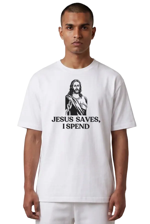 A man wearing a white crewneck t-shirt with a black graphic of Jesus and the text 'JESUS SAVES, I SPEND' printed on the front, set against a plain white background.