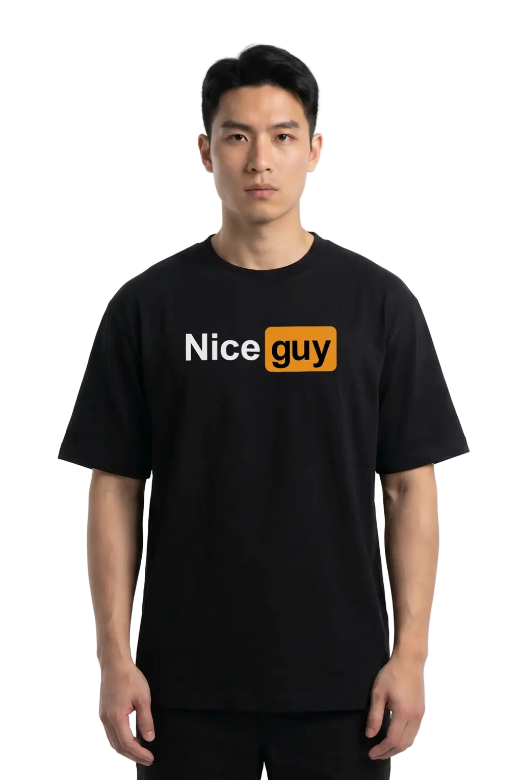 A man wearing a black short-sleeve t-shirt with a graphic on the chest that reads 'Nice guy' in white and orange, set against a plain white studio background.
