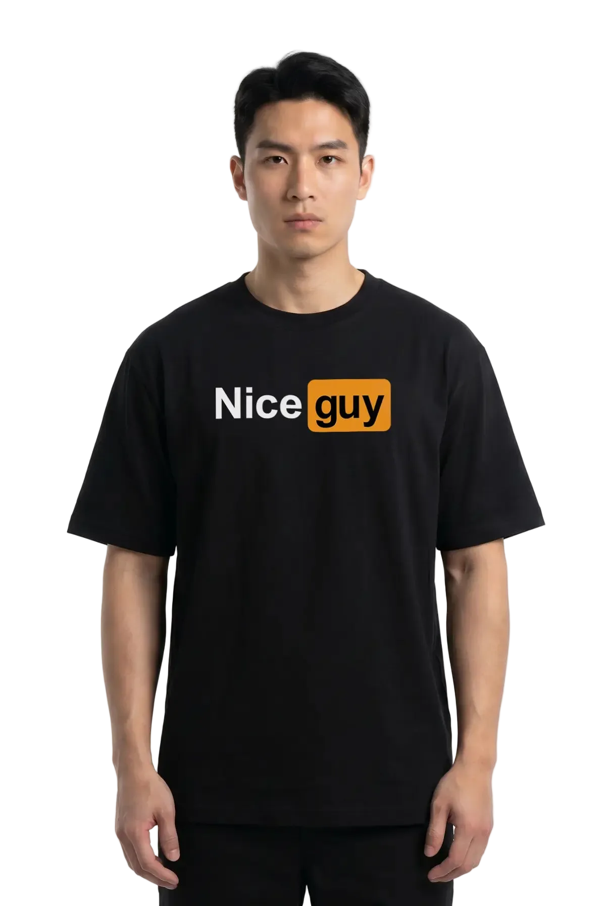 A man wearing a black short-sleeve t-shirt with a graphic on the chest that reads 'Nice guy' in white and orange, set against a plain white studio background.