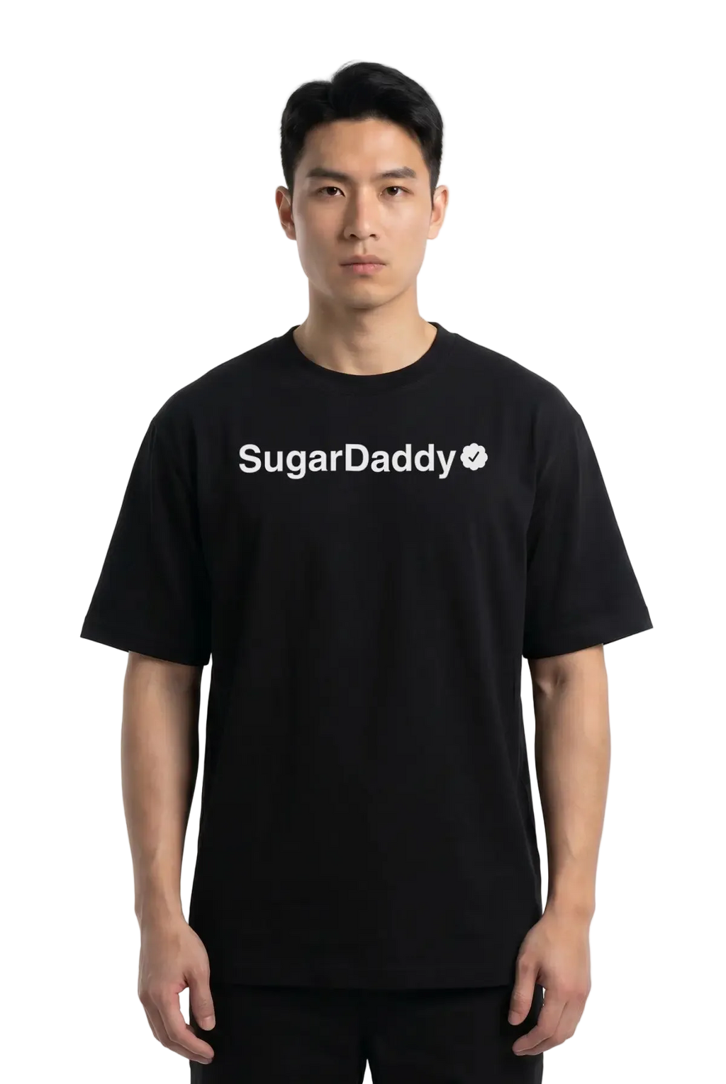 A man wearing a black short-sleeve t-shirt with 'Sugar Daddy' printed in white across the chest, photographed against a plain white studio background.