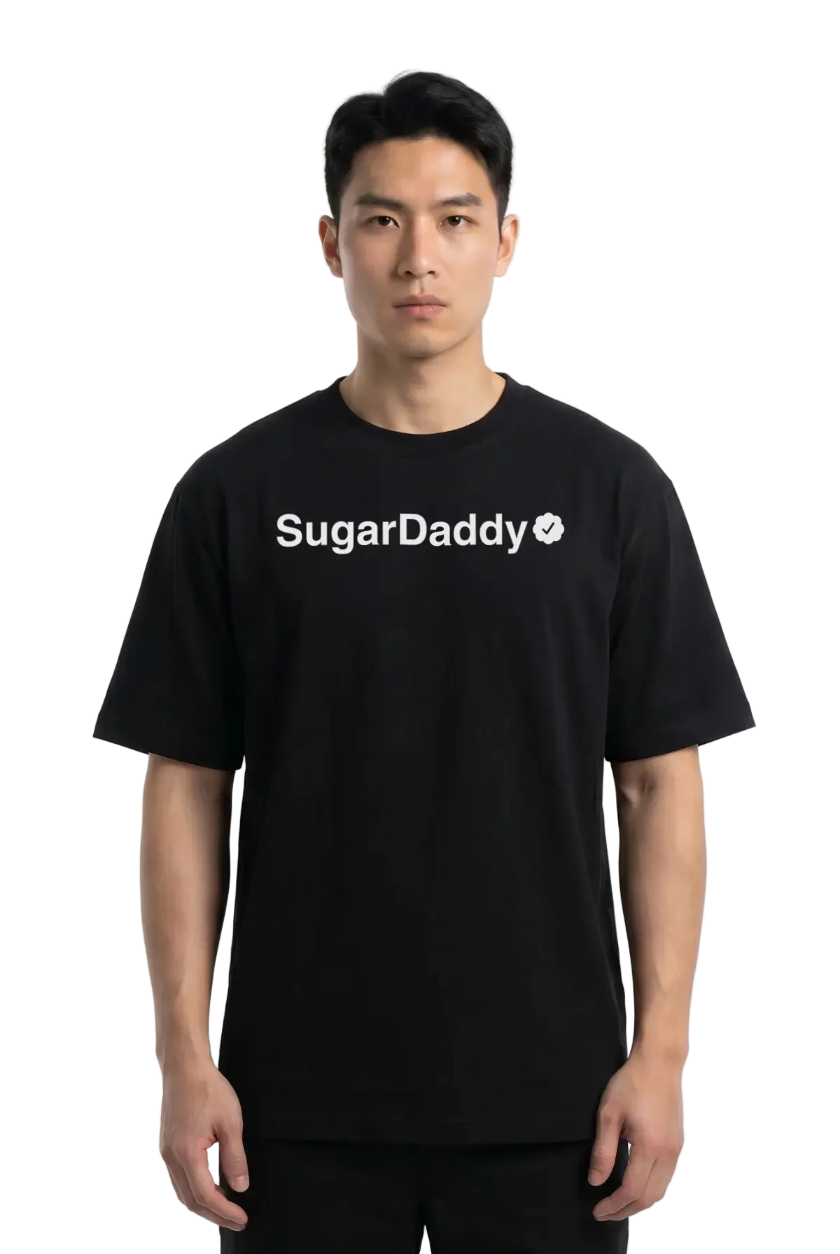 A man wearing a black short-sleeve t-shirt with 'Sugar Daddy' printed in white across the chest, photographed against a plain white studio background.